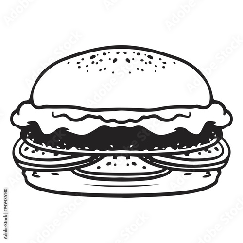 burger doodle line vector illustration. Fast food object black and white.