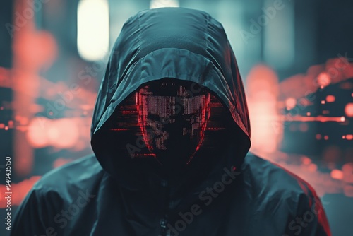 hooded hacker wearing sinister mask symmetrical balance`, with copy space