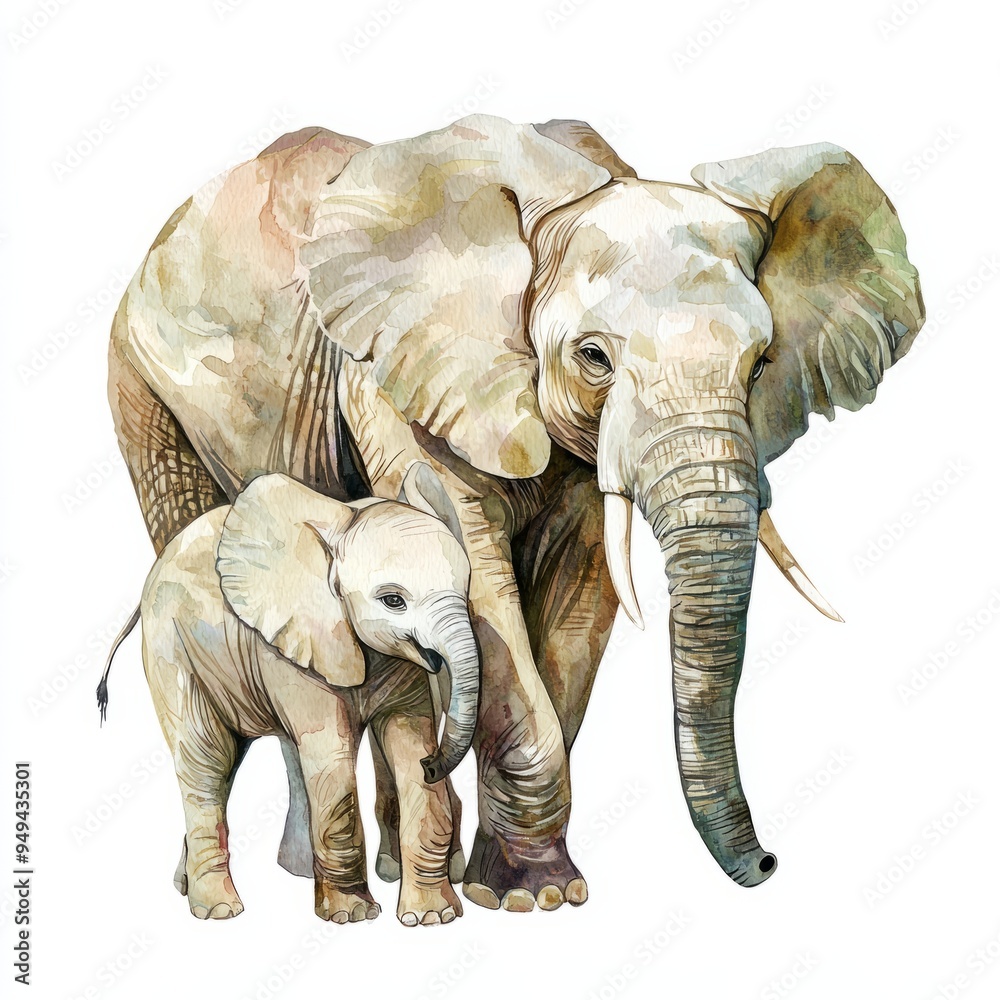 Fototapeta premium watercolor painting of an elephant with its calf, on isolated white background