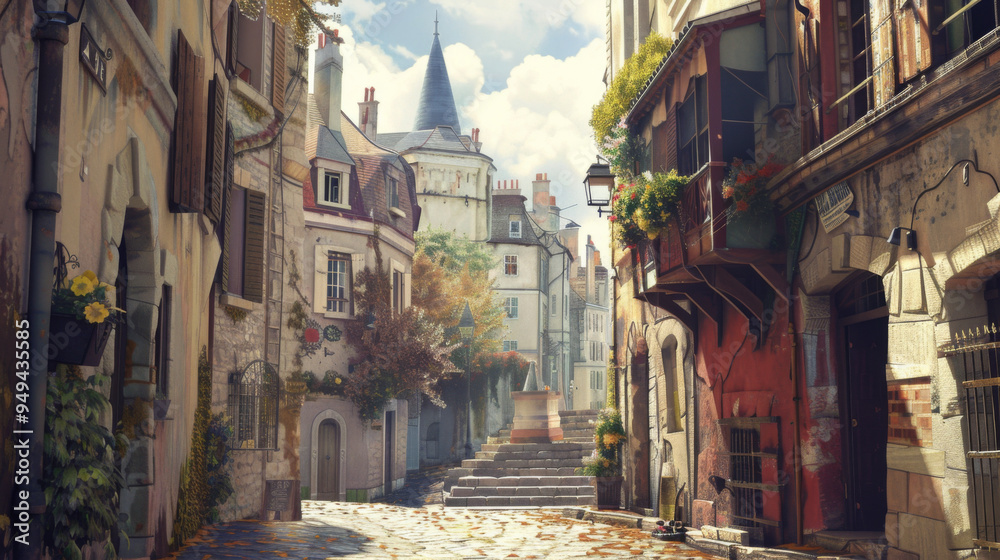 Fototapeta premium Picturesque cobblestone street lined with charming old buildings and greenery, capturing the essence of a historic European town.