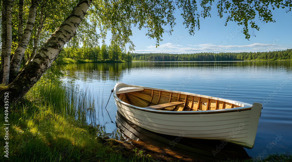 Photo of a Rowboat Leaning Against the Trunk of a Birch Tree on a Serene Lakeside, Capturing a Peaceful and Rustic Scene in Nature, Ideal for Representing Themes of Tranquility, Simplicity, and the Be Photo of a Rowboat Leaning Against the Trunk of a Birch Tree on a Serene Lakeside, Capturing a Peaceful and Rustic Scene in Nature, Ideal for Representing Themes of Tranquility, Simplicity, and the Be