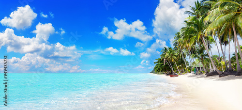 Fototapeta Naklejka Na Ścianę i Meble -  Sea beach paradise tropical island beautiful nature panorama landscape, turquoise ocean water, palm trees, white sand, sun blue sky cloud, summer holiday vacation travel, Caribbean, Maldives, Thailand