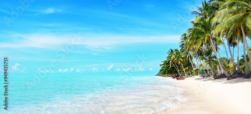 Fototapeta Naklejka Na Ścianę i Meble -  Sea beach paradise tropical island beautiful nature panorama landscape, turquoise ocean water, palm trees, white sand, sun blue sky cloud, summer holiday vacation travel, Caribbean, Maldives, Thailand
