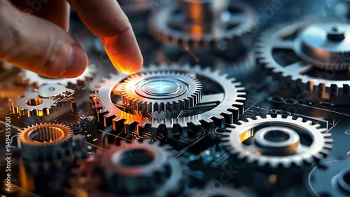 A hand interacts with a complex system of gears, representing the intricate workings of technology and innovation.