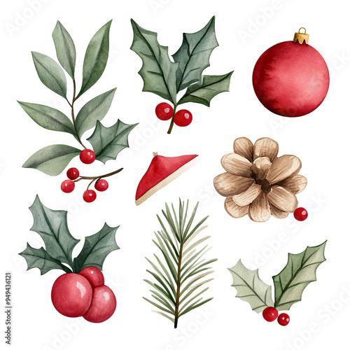 Watercolor Christmas elements including holly, berries, pine cone, ornament, and hat. Perfect for holiday design.