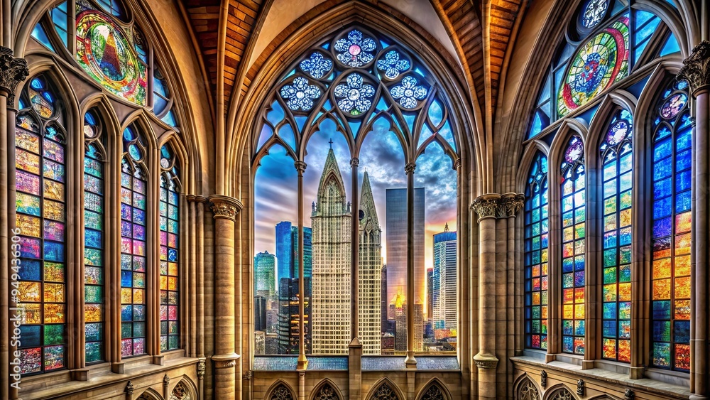 Fototapeta premium Towering skyscrapers with gothic architecture details and stained glass windows in a cityscape setting