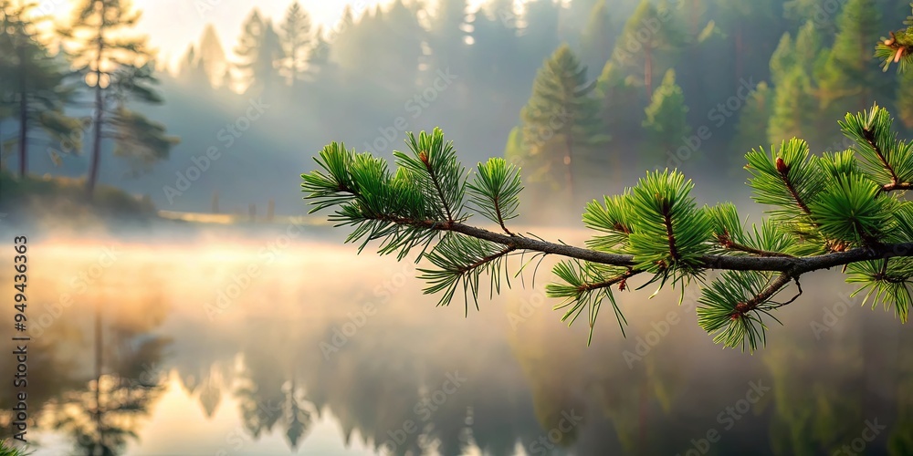 Naklejka premium A serene forest setting of a whispering pine branch in the misty morning, creating a solitary and reflective atmosphere