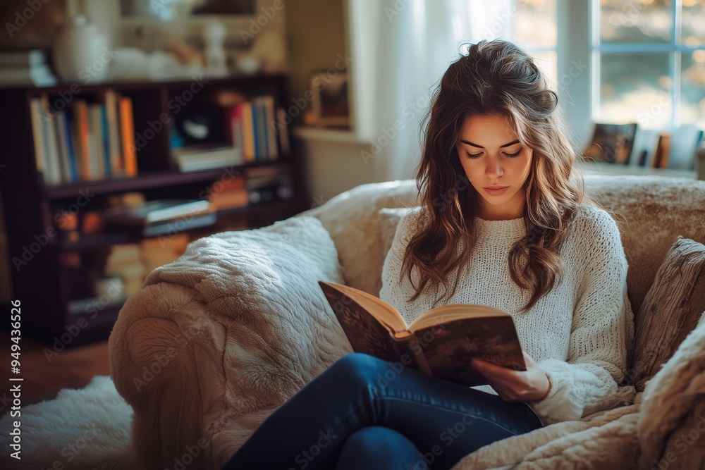 Obraz premium Young Woman Reading a book on a Couch