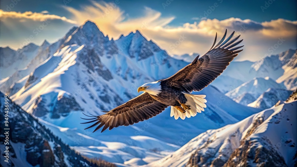 majestic bald eagle soaring over snow capped mountains majestic bald eagle soaring over snow capped mountains