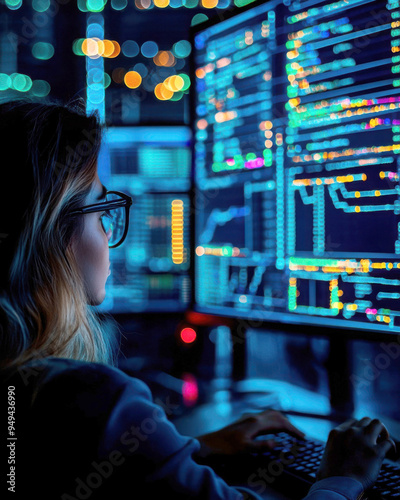 A programmer analyzing data on multiple screens in a dark environment, utilizing vibrant visual displays and coding techniques. photo