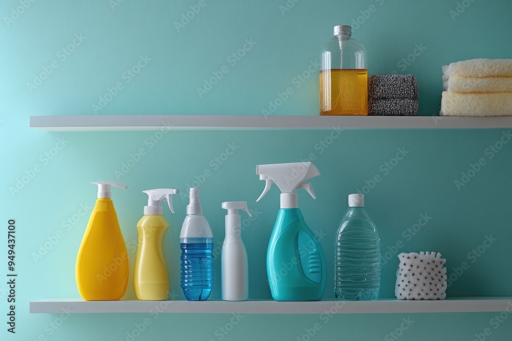 Organized cleaning supplies on a shelf still, life photography, with copy space Organized cleaning supplies on a shelf still, life photography, with copy space