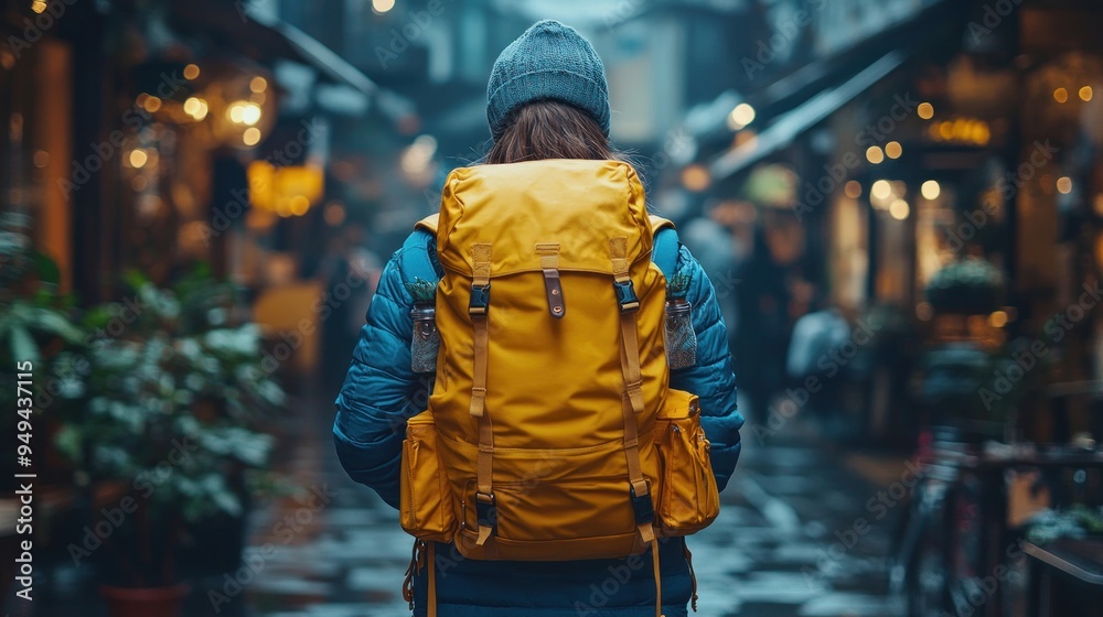 Backpacker exploring a city street Backpacker exploring a city street