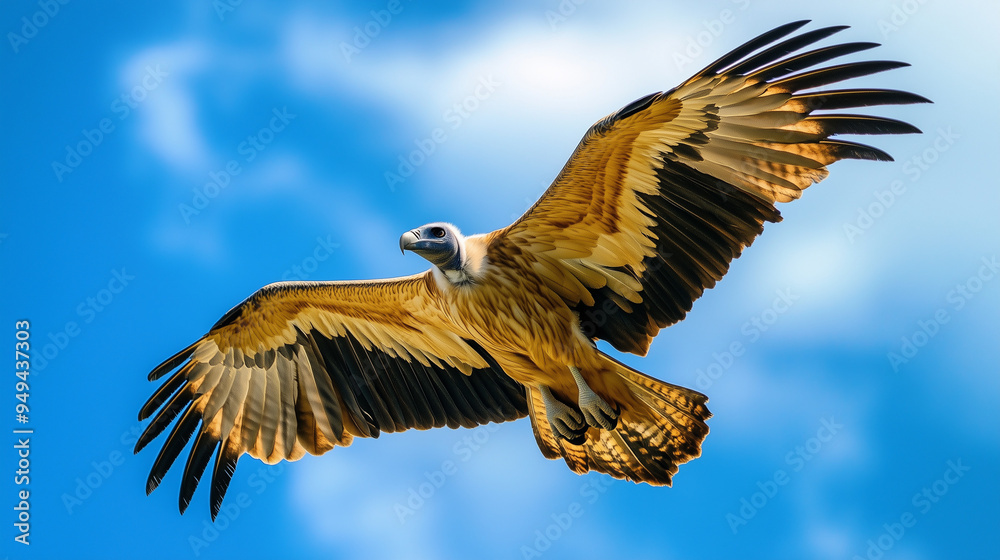 Vultures flying high in the sky with wings spread wide, sharp eyes scanning the surroundings, blue sky background, Ai Generated Images Vultures flying high in the sky with wings spread wide, sharp eyes scanning the surroundings, blue sky background, Ai Generated Images