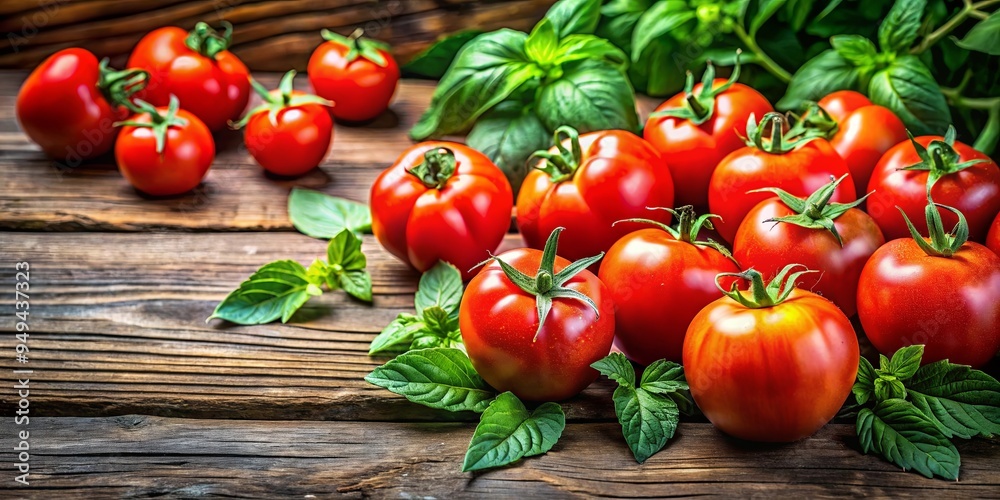 Vibrant red tomatoes on rustic wooden table surrounded by green leaves evoking summer harvest Vibrant red tomatoes on rustic wooden table surrounded by green leaves evoking summer harvest
