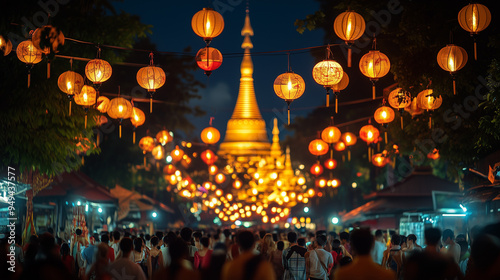 Thadingyut Festival, city streets filled with people carrying lanterns, Ai generated Images photo