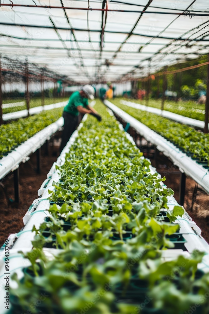 custom made wallpaper toronto digitalHydroponic farm with rows of plants growing in nutrient-rich water. Workers adjusting the nutrient levels, Generative AI