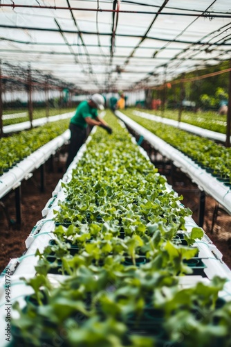 Wallpaper Mural Hydroponic farm with rows of plants growing in nutrient-rich water. Workers adjusting the nutrient levels, Generative AI Torontodigital.ca