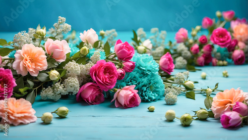 A lush array of orange, turquoise, and pink flowers on a turquoise background, evoking a festive and cheerful mood. photo