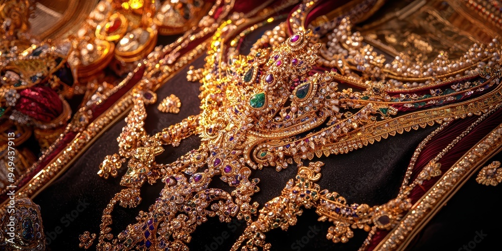 Obraz premium Ornate Gold Jewelry with Gemstones and Pearls on Red Velvet