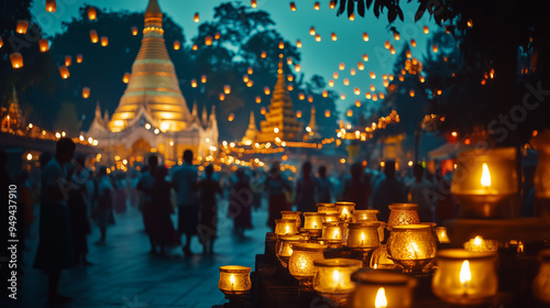 Thadingyut Festival, thousands of traditional oil lamps light up the streets, people gather under sparkling pagodas, Ai generated Images photo