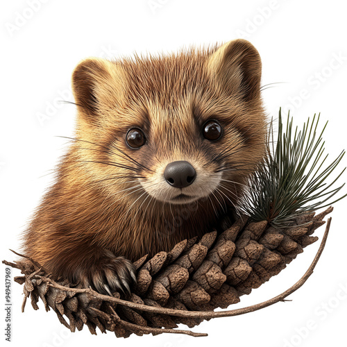 Adorable baby marten surrounded by pine cones and foliage, showcasing its cute and curious expression in a natural setting. photo