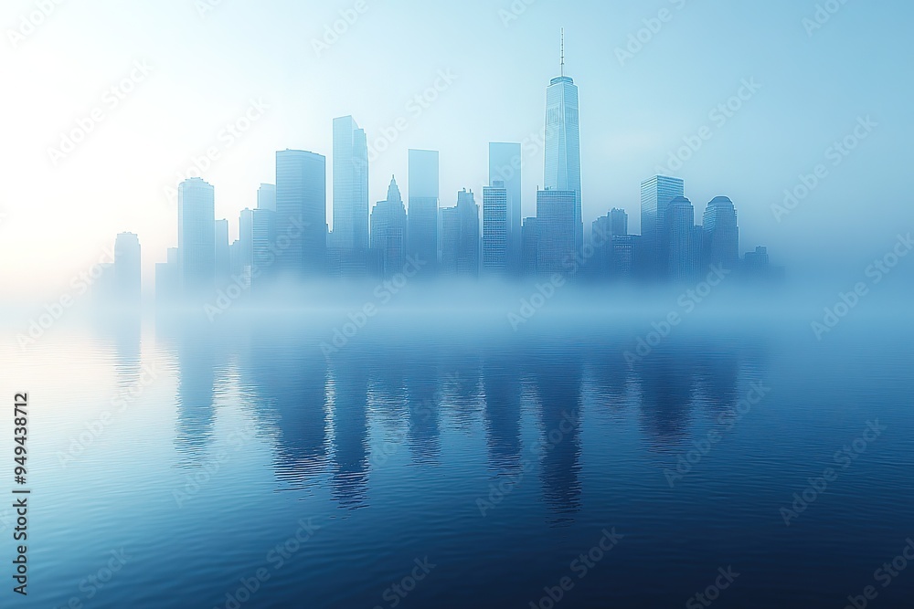 A city skyline is reflected in the water A city skyline is reflected in the water