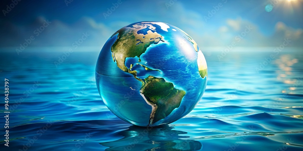 globe with vibrant blue water texture surrounded by continents, illuminated by soft light and gentle shadows