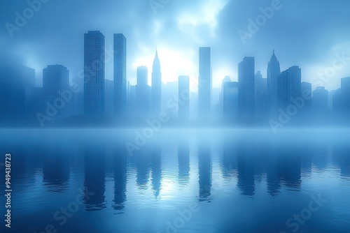 A city skyline is reflected in the water