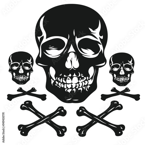 Vector black silhouettes of Skull and crossbones isolated on a white background. Skull pirate logo illustration. Pirate skulls 