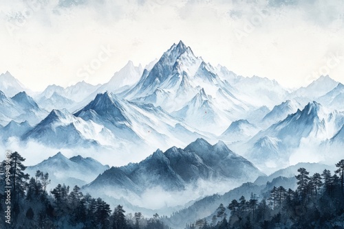 Snow-capped mountain peak, chinese ink painting, with copy space