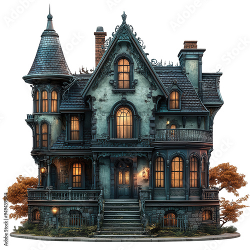 An eerie haunted house with gothic architecture, perfectly capturing the essence of Halloween and spooky autumn nights.