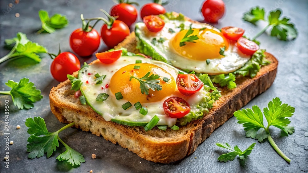 Healthy avocado toast with fried eggs, cherry tomatoes, and cilantro for breakfast or brunch Healthy avocado toast with fried eggs, cherry tomatoes, and cilantro for breakfast or brunch