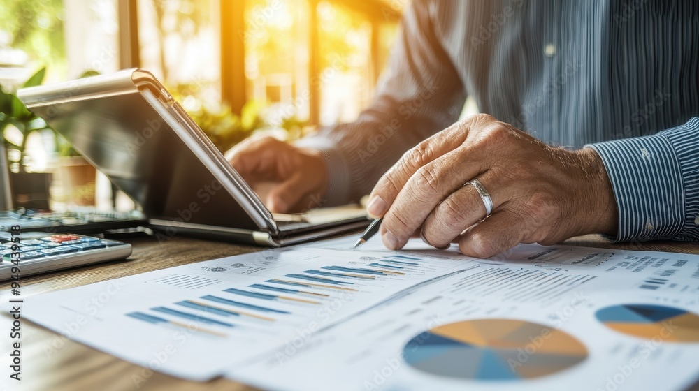 Businessman Analyzing Financial Data with Charts and Graphs on Laptop Businessman Analyzing Financial Data with Charts and Graphs on Laptop