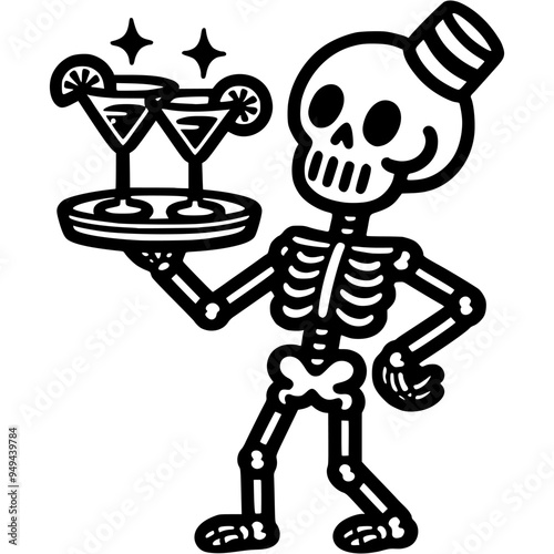 Waiter in skeleton costume carries cocktails on tray in monochrome. Simple minimalistic vector in black ink drawing on transparent background