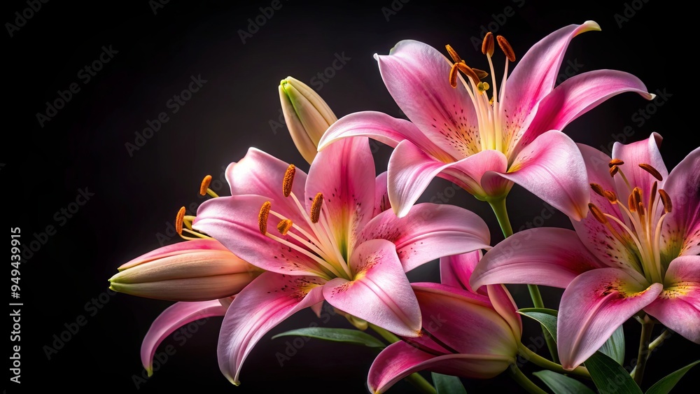 Delicate pink lily flowers against a black background with intricate petals and golden centers