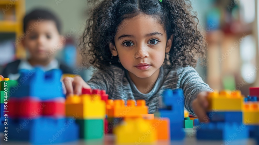 Children engaged in building with bright colored blocks in a lightly decorated indoor room