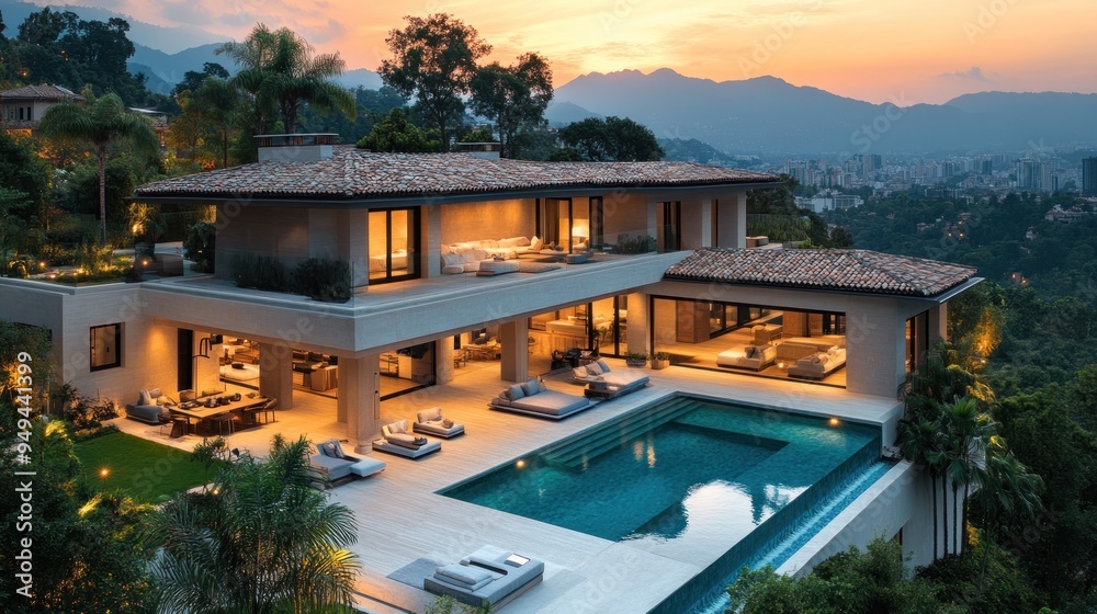 Fototapeta premium Modern Mansion with Infinity Pool overlooking a Mountainous Landscape
