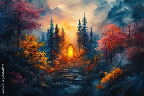 A painting of a forest with a path leading to a gate