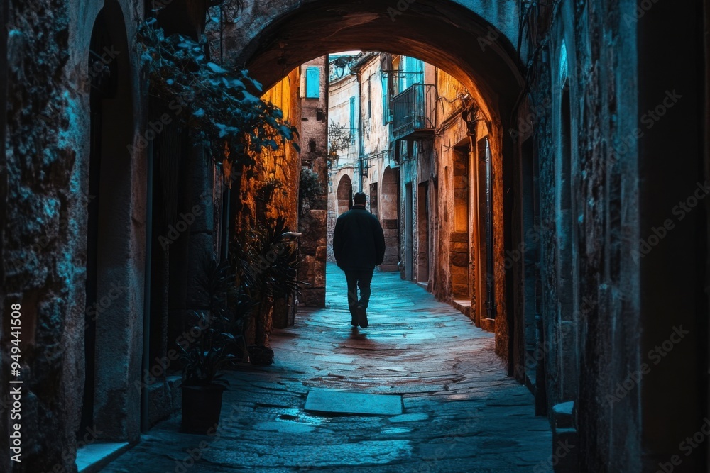 Walking through an ancient alleyway travel photography, with copy space