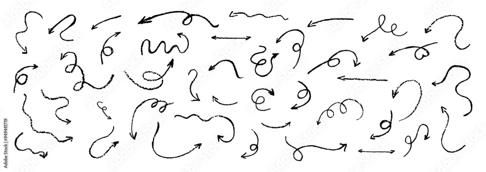 Set of children hand drawn crayon arrows. Collection of abstract black pastel curved pointers. Fun wax chalk vector pointers pointing in various directions. Simple design elements of complex path. Set of children hand drawn crayon arrows. Collection of abstract black pastel curved pointers. Fun wax chalk vector pointers pointing in various directions. Simple design elements of complex path.