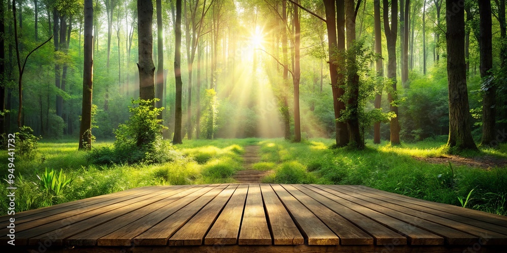 Fototapeta premium Tranquil forest clearing with wooden platform surrounded by sunlight filtering through the trees