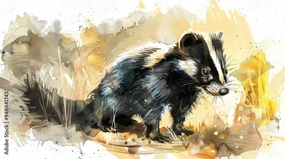 Obraz premium Artisticwatercolor illustration of a skunk in a natural setting, showcasing its distinct black and white fur.