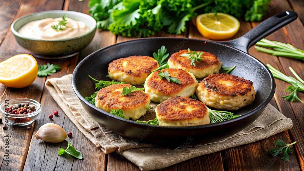 Appetizing crab cakes with sauce and greens in a skillet Appetizing crab cakes with sauce and greens in a skillet