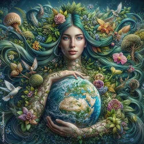 Abstract illustration of mother Earth in forest. Love of nature concept.