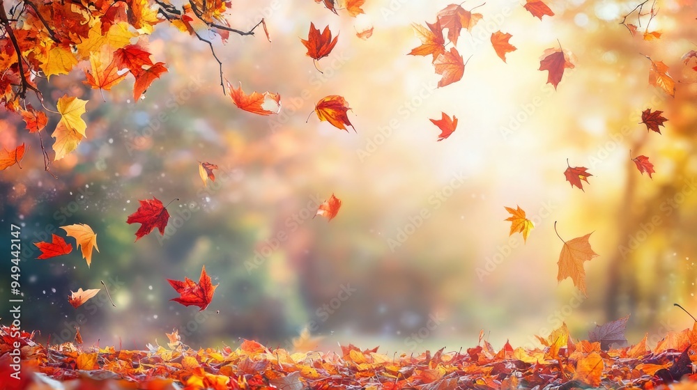 Beautiful autumn landscape with. Colorful foliage in the park. Falling leaves natural background