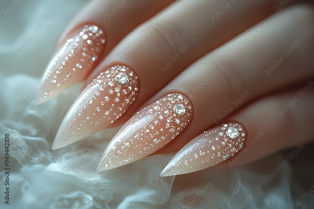 A hand with long, pointed nails decorated with glitter and diamonds A hand with long, pointed nails decorated with glitter and diamonds