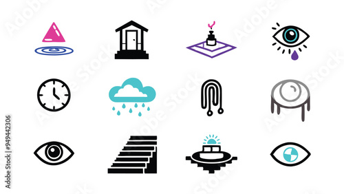 Generate a set of surreal dreamscape icons in line style.