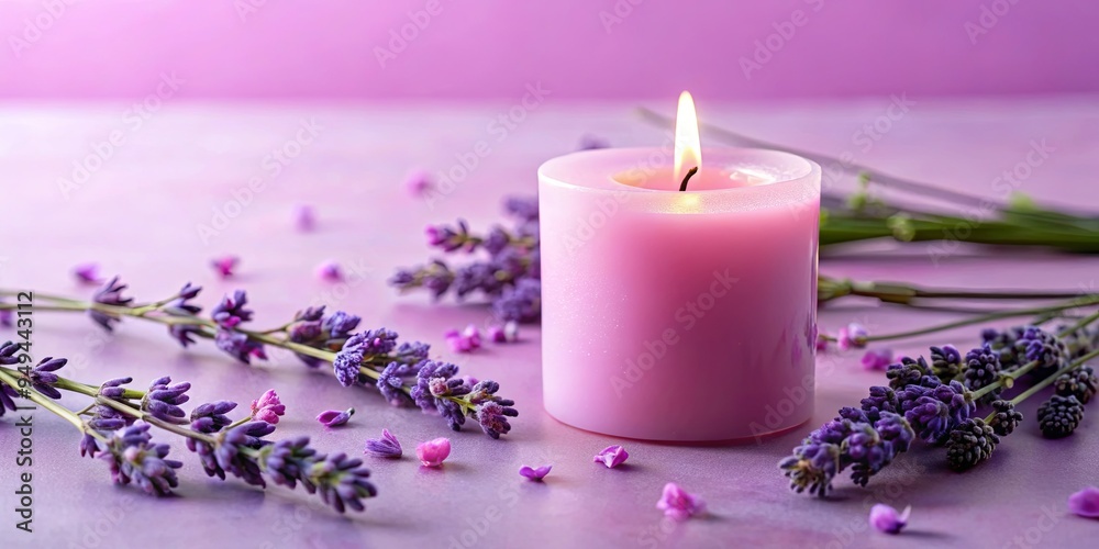 Pink candle surrounded by lavender flowers on pink background with soft, feminine vibes Pink candle surrounded by lavender flowers on pink background with soft, feminine vibes