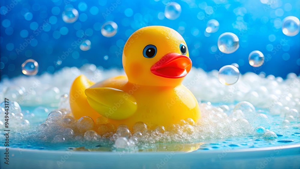 Bright yellow rubber duck floating in colorful bath water with bubbles, bringing fun and learning to baby's bath time Bright yellow rubber duck floating in colorful bath water with bubbles, bringing fun and learning to baby's bath time