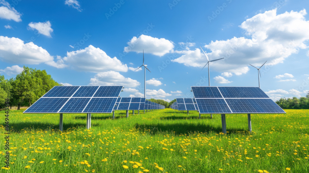 Solar Panels and Wind Turbines in a Field of Yellow Flowers. Solar Panels and Wind Turbines in a Field of Yellow Flowers.